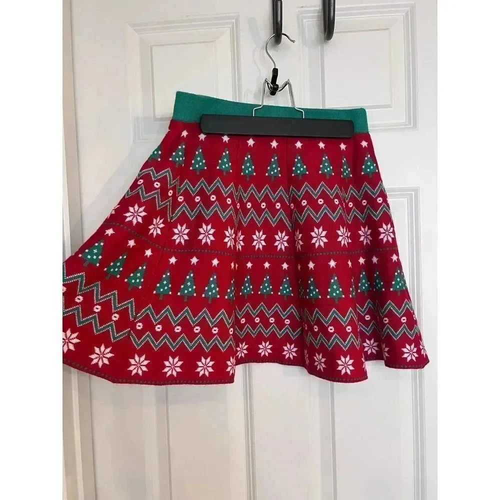 It’s our time red green Christmas sweater tree snowflake mini skirt size medium